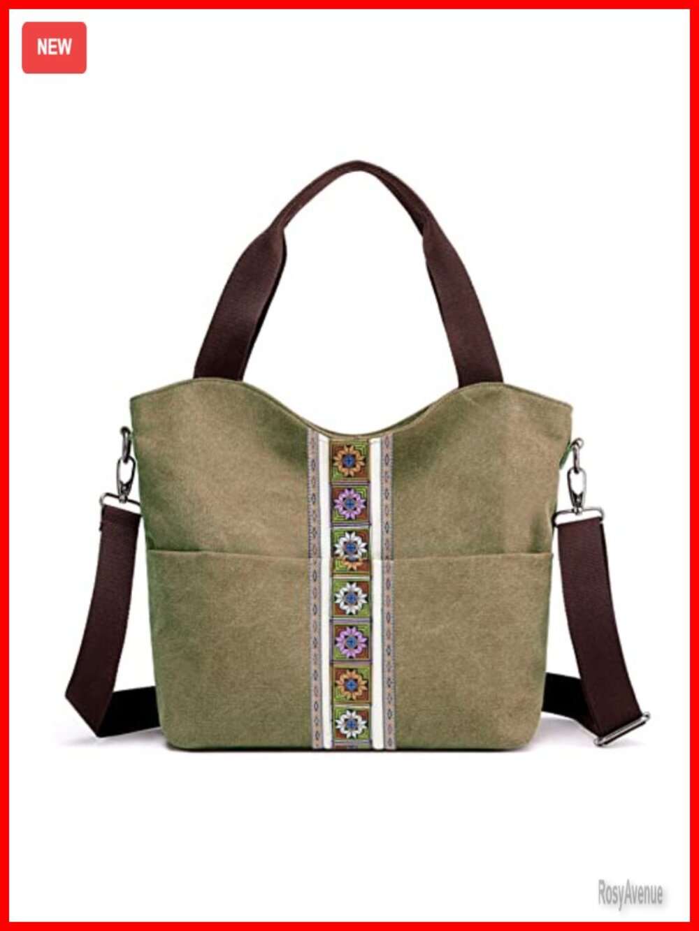 Canvas Large Tote Bag Embroidered Multi Pocket Crossbody Hobo Purse